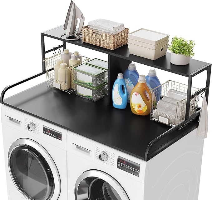 DWVO 2-Tier Washer Dryer Countertop with Shelf, 53" W x 27.6" D with 2.8" Edge Rails & 2 Hooks, Laundry Countertop for Organization, Washer and Dryer Topper, Black