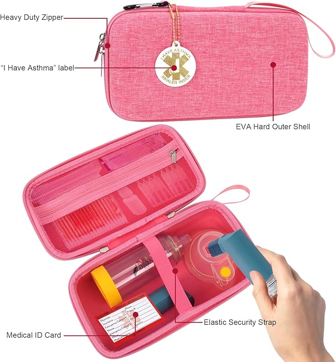 MGZNMTY Travel Carrying Case Compatible with Asthma Inhaler Spacer for Adults and Children, Masks, Inhaler Holder with Asthma Alert Tag and Medical Card, Carabiner (Only Case) (Pink)