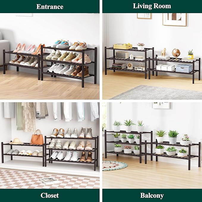 Smiry Bamboo Shoe Rack for Closet, 2 Tier Wooden Stackable Shoe Organizer, Free Standing Shoes Storage Shelf for Entryway, Front Door Entrance, Brown