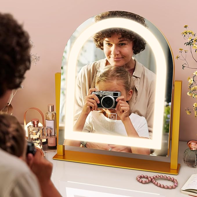 FENNIO Large Vanity Mirror with Lights - 15.5"x13" LED Lighted Makeup Mirror with Lights, 10X Magnification, Touch Screen with 3-Color Lighting, Dimmable, for Vanity Desk Tabletop, Bedroom(Gold)