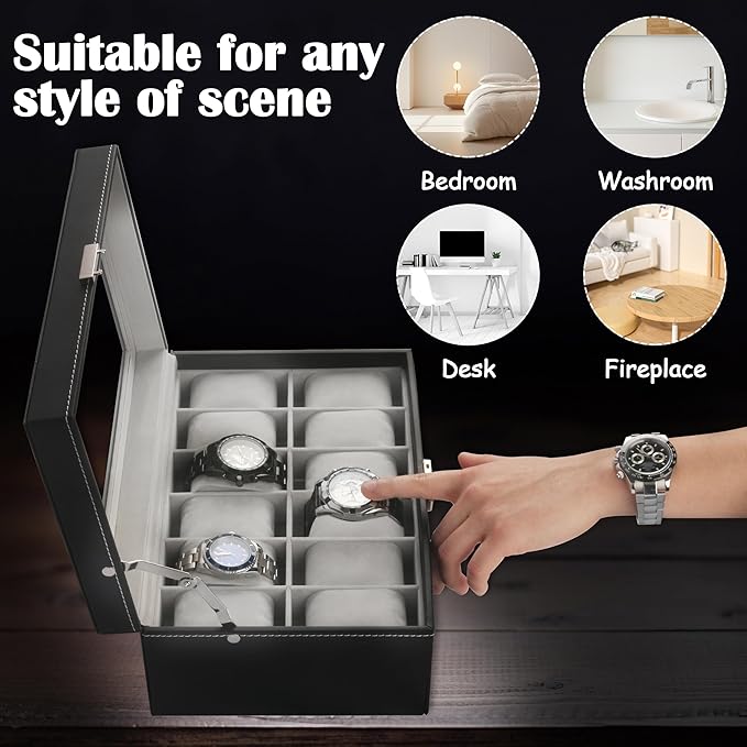 Ogrmar 12 Slot PU Leather Lockable Watch Storage Boxes, Men & Women Jewelry Display Drawer Case, 2-tier Organizer Watch Showcase with Glass Lid (Black)