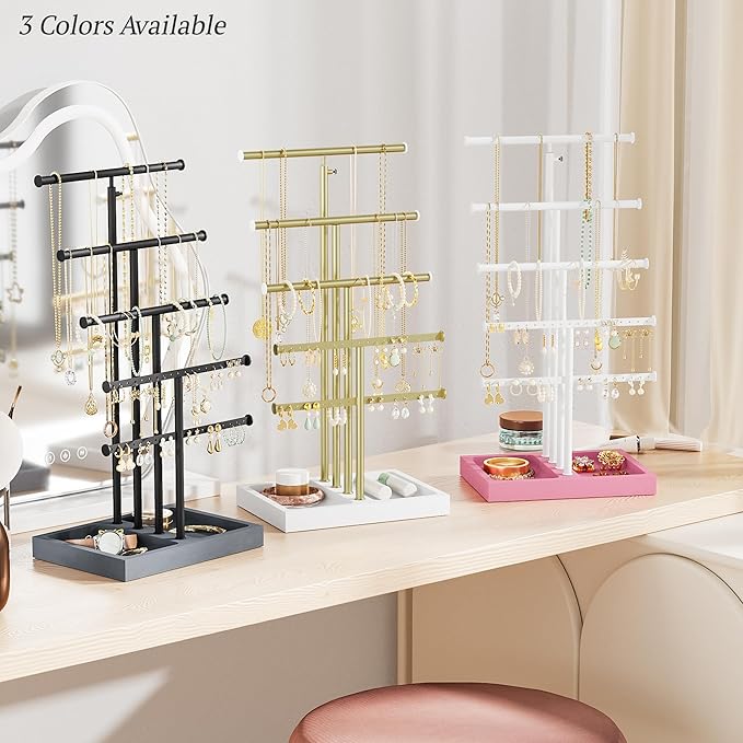 Love-KANKEI Jewelry Organizer Stand, 5 Tier Large Necklace Holder with Wood Base, Jewelry holder stand Tree for Display, Bracelets Earrings Rings, Height Adjustable Gift Weathered Grey