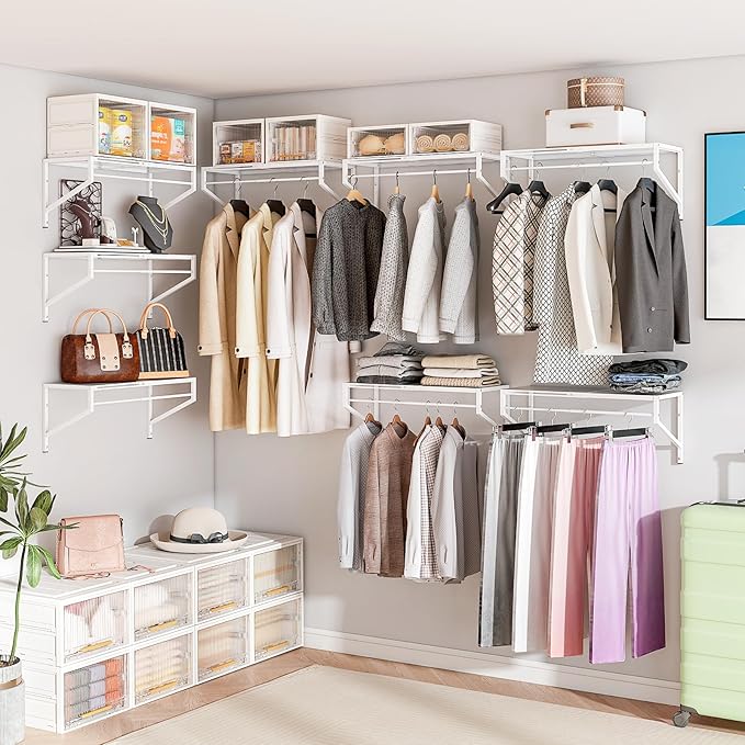Expandable Closet Shelves Wall Mounted, 2 Pack Closet Shelving with Hanging Rods, Wall Shelving for Walk-in Closet, Hanging Shelves Organizer and Storage for Closet, Laundry