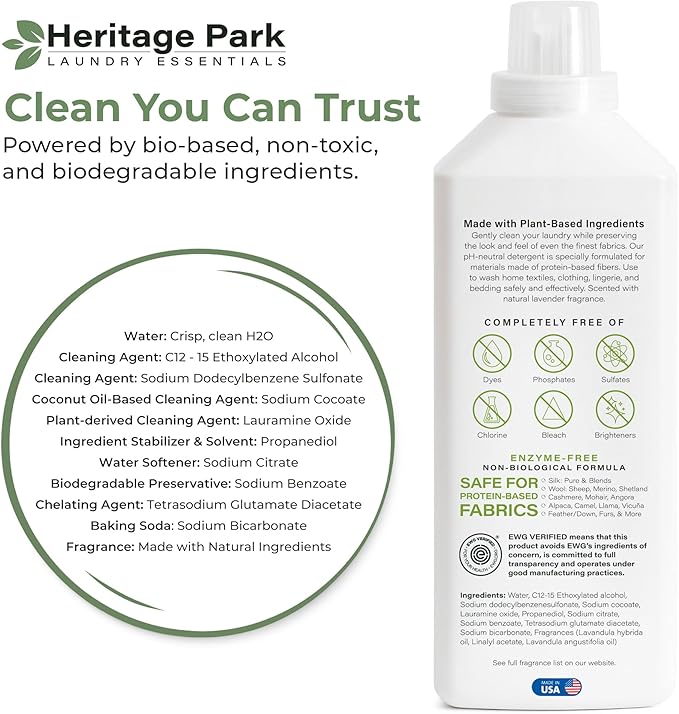 Heritage Park Silk & Wool All-Natural Lavender Mist Scent, pH-Neutral Laundry Detergent – Enzyme-Free, Concentrated Up to 64 loads (32 fl oz)