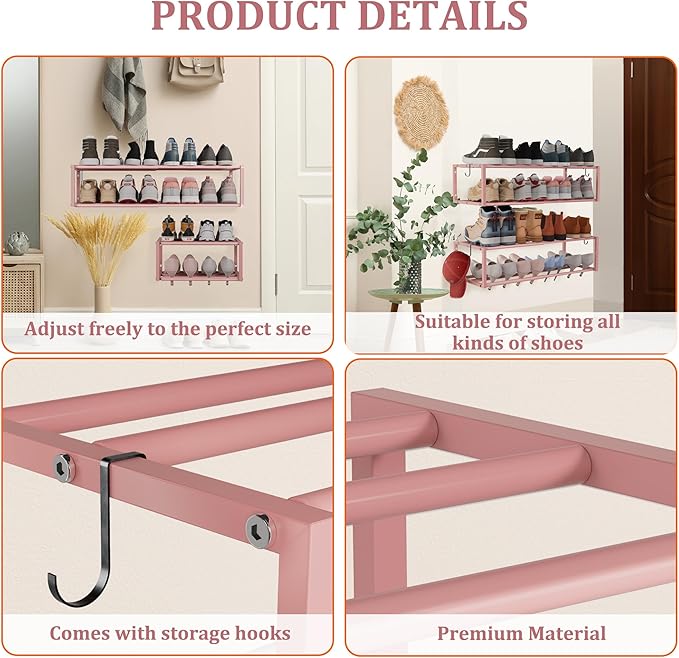 Expandable Wall Mounted Shoe Rack, 17"-31" Adjustable Hanging Shoe Rack Holds 8 Pairs, Heavy Duty Metal Shoe Holder with 2 Storage Hooks, Space Saving for Entryway Closet Doorway(Pink)