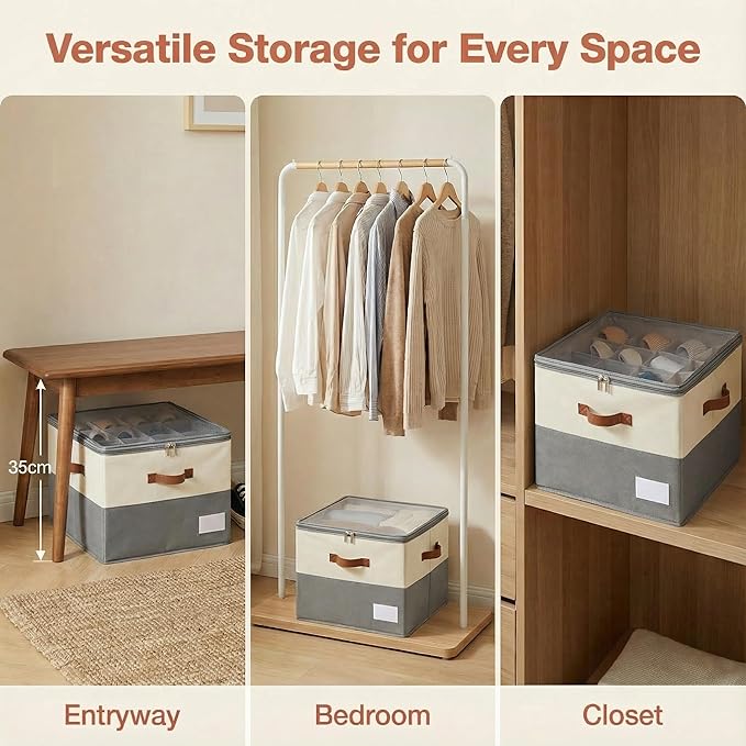 Shoe Organizer for Closet, Fabric Shoe Storage Boxes with Lids, Adjustable Dividers for 16 Pairs, Foldable Shoe Cubby with Label Window, Fits Tall Boots, Beige & Grey