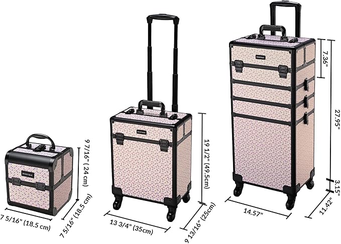 BYOOTIQUE Rolling Makeup Train Case on Wheels 3-Piece Hairdressing Brush Bags Cosmetology Art Deco Tyrian
