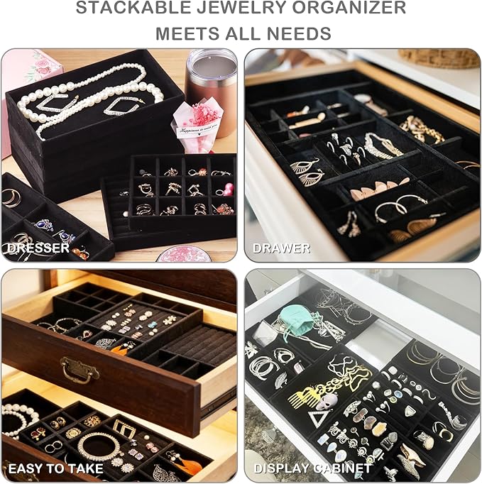 Jewelry Trays,Velvet Stackable Organizer Trays,Drawer Inserts Jewelry Display Case For Rings Stud Necklaces Earring Organizer Tray for Women Girls-8 Pack (Black)