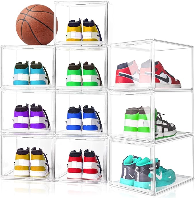 1 Pack Drop Front Clear Shoe Boxes Fit Size 13, Acrylic Shoe Organizer Stackable with Front Magnetic Door for Closet, Entryway, Underbed, Multiple Clear Display Cases for Hats, Figures, Sneakers