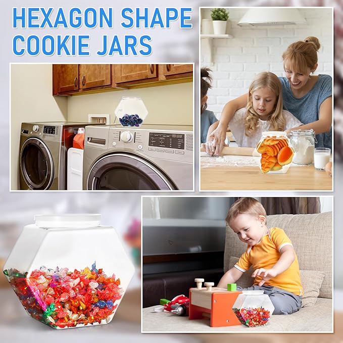 Uiifan 1 Piece Plastic Candy Jar with Lid Cookie Jar Clear Hexagonal Fish Bowls Containers for Snacks, Dog Food, Desk Pet, Craft and Sewing Supplies, Coffee Pod, Laundry Pod Storage Display(70 oz)