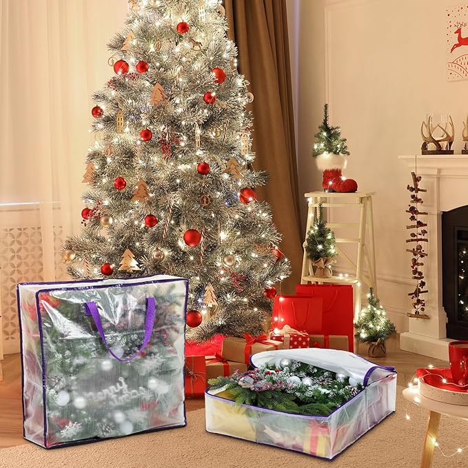 8 Pcs Clear Wreath Storage Bags 26 Inch Valentines St. Patrick's Garland Container Door Garland Holiday Wreath Storage Holder with Handle and Zipper Heavy Duty Plastic Packing Totes(Purple)