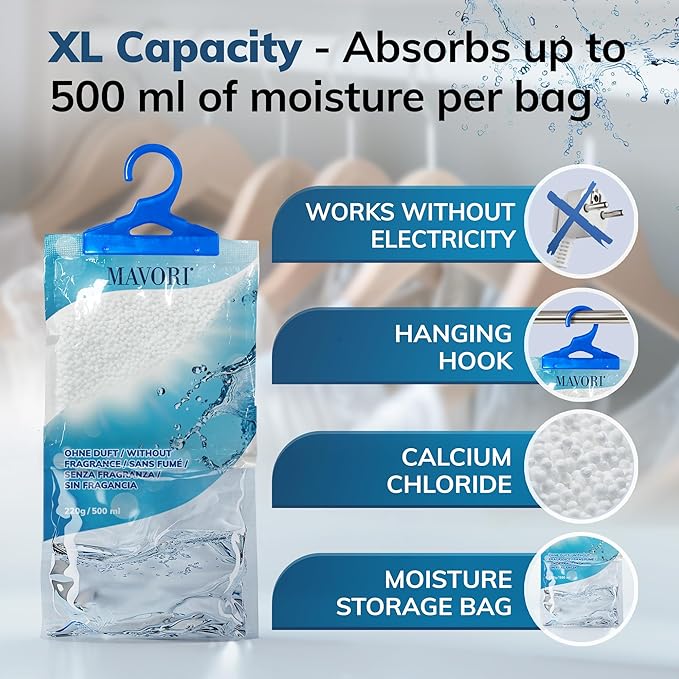 Hanging Moisture Absorber Bags, Dehumidifier Bags for Closet, Wardrobe and Laundry Room, Reduce Moisture, Odors, and Dampness, Long-Lasting Humidity Control, 16.9 oz per Bag (Pack of 10)