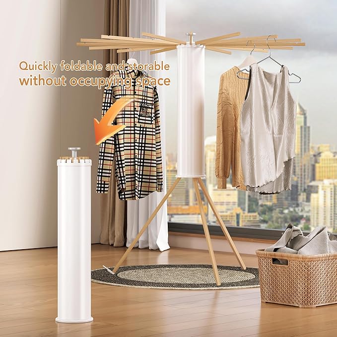 Foldable Tripod Clothes Drying Rack,Beechwood & Portable Laundry Stand, Space-Saving Collapsible Hanger with 16 Arms for Indoor & Outdoor Drying – Easy Setup, Stable Base, Fast Air-Drying Design