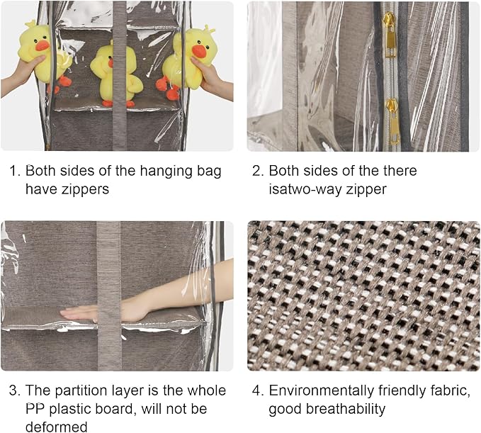 Clear Hanging Handbag Storage Organizer with Zippers, Door Purse Organizer Space Saving 4 Pockets for Closet Bedroom Living Room (Brown)