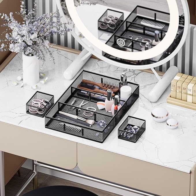 Marbrasse 3 Packs Desk Drawer Organizers, Metal Mesh Dividers Desk Drawer Organizer Tray with 9 Adjustable Compartments, Pen Organizer for Drawer Tray Box Accessories for Desktop,Kitchen, Makeup