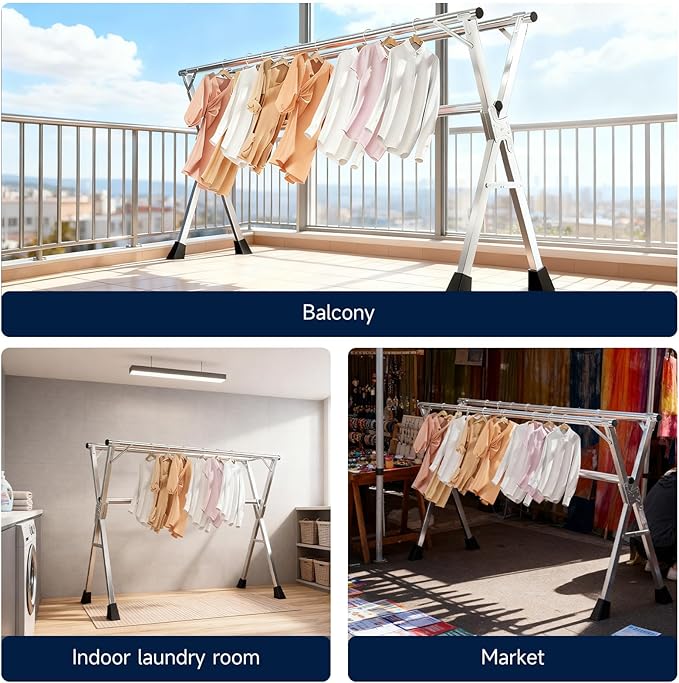 MIKEE 79-Inches Clothes Drying Rack,Foldable Laundry Drying Rack Clothing for Indoor/Outdoor,Length-Adjustable Clothes Rack,Space-Saving,with 20 Windproof Hooks