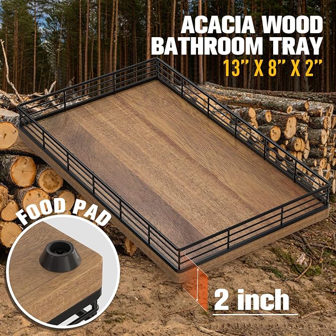 Large Bathroom Vanity Tray – 13" x 8" Acacia Decorative Wooden Tray for Bathroom Countertop & Vanity Organizer, Wood Tray for Perfume, Skincare Accessories Storage Vanity Dresser Decor Black & Acacia