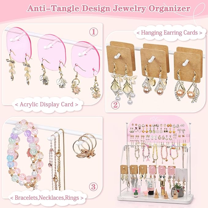 Keebofly Acrylic Earring Organizer Stand for Girls & Teens, Large 300 Holes & 14 Hooks Jewelry Display Holder for Studs, Hoops, Dangles, Necklaces & Bracelets, Vanity Desk Storage Decor, Pink