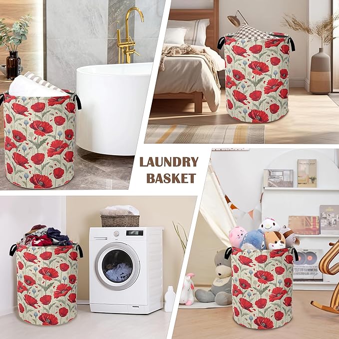 Vintage Poppy Laundry Hamper,Collapsible Laundry Baskets,Red Flowers Dirty Clothes Baskets with Handles,Oxford Cloth Hamper for Bedroom,Bathroom,College Dorms, 16"x20"