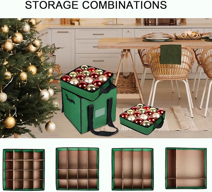Christmas Ornament Storage Box with Dividers, Christmas Balls Storage Containers with Zipper & 4 Removable Trays - Holds Up to 64 Balls - 600D Oxford Christmas Decoration Storage Organizer (Green)