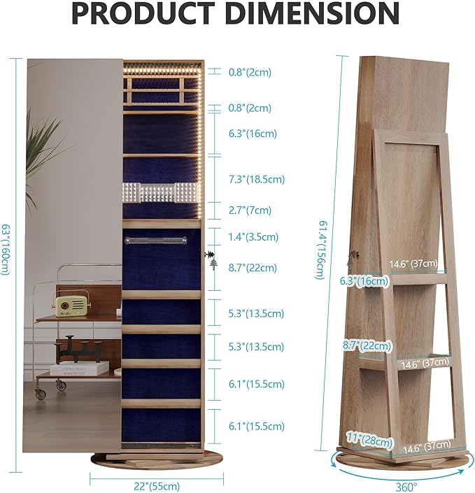 LVSOMT 360° Rotating Full Length Mirror Jewelry Cabinet with Sliding Door, LED Lighted Lockable Jewelry Armoire Organizer, Space-Saving Standing Mirror Storage for Bedroom Dressing Room (Light Wood)