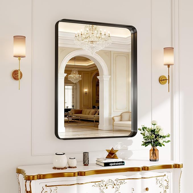 Bathroom Mirror for Wall, 30x22 Inch Rectangle Mirror,Matte Black Metal Framed Bathroom Vanity Mirror for Restroom Farmhouse, HD Tempered Glass,Anti-Rust Aluminum Alloy Mirror
