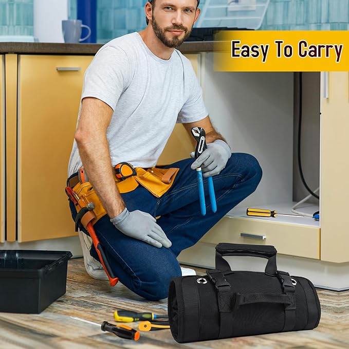 Tool Bag, Tool Bags for Men, Heavy Duty Tool Organizer, Portable Roll Up Tool Bag Gifts For Him, Mechanic, Electrician and Hobbyist, Car Tool Roll Organizer - Black
