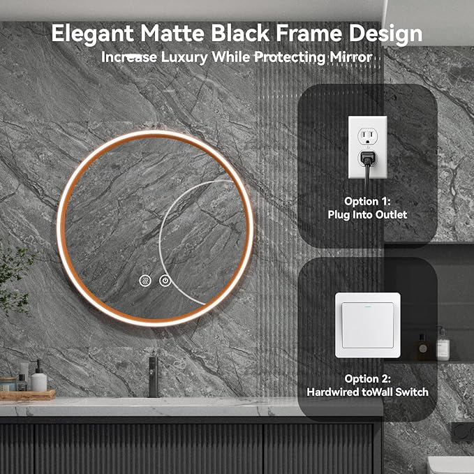 Led Bathroom Mirror with Lights, 30'' Round Heavy Duty Aluminum Frame Bathroom Vanity Mirror with Lights, 3 Colors, Brightness Stepless Dimmable, Anti-Fog, Memory Function, Single LED Orange