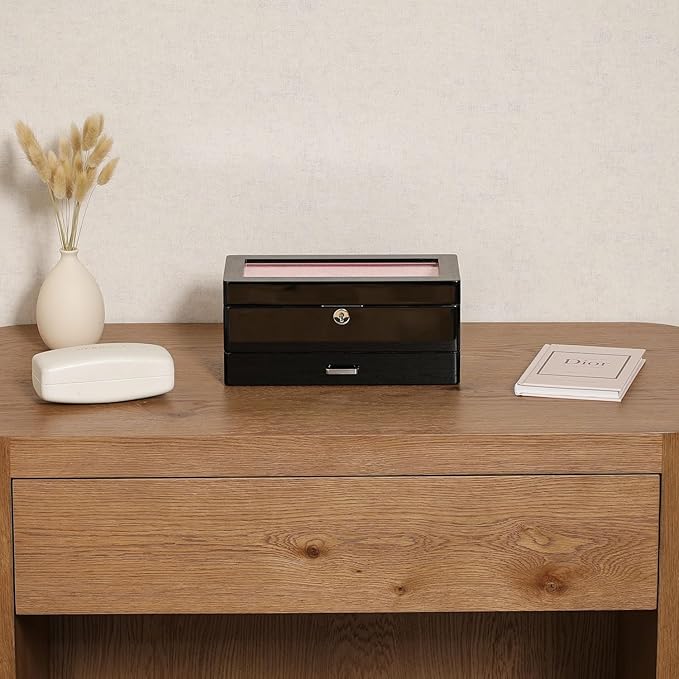 ROTHWELL 4-Slot Piano Black Watch Box with Valet Drawer - Premium Jewelry Display Case Organizer with Locking Glass Top and Microsuede Liner for Men & Women (Pink Interior)