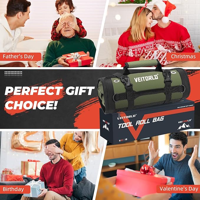 Tool Roll Up Bag, Gifts for Him Men Dad Husband Boyfriend Valentines Day, 1680D Portable Tool Storage for Men, Heavy Duty Tool Organizer with Detachable Pouches&Wrench Roll for Mechanic