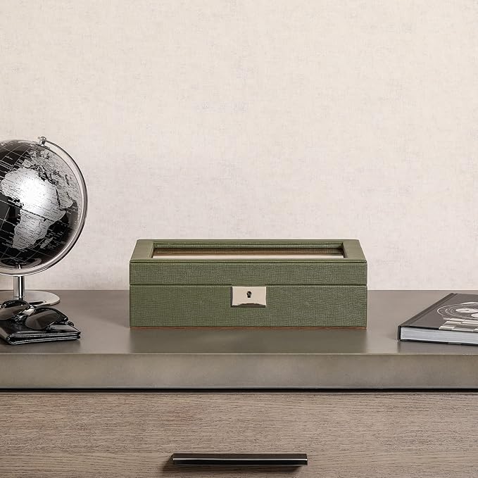 ROTHWELL 10 Slot Leather Watch Box - Luxury Case Display Jewelry Organizer - Locking Watch Display Case Holder with Large Glass Top - Box Organizer for Men and Women (Green/Tan)