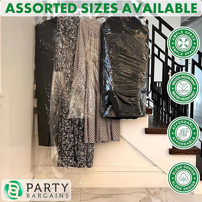 PARTY BARGAINS 60 x 24 Inch Disposable Clear Garment Bags, 100 Pack – Heavy-Duty Plastic Clothes Covers for Suits Dresses Coats, Closet & Travel