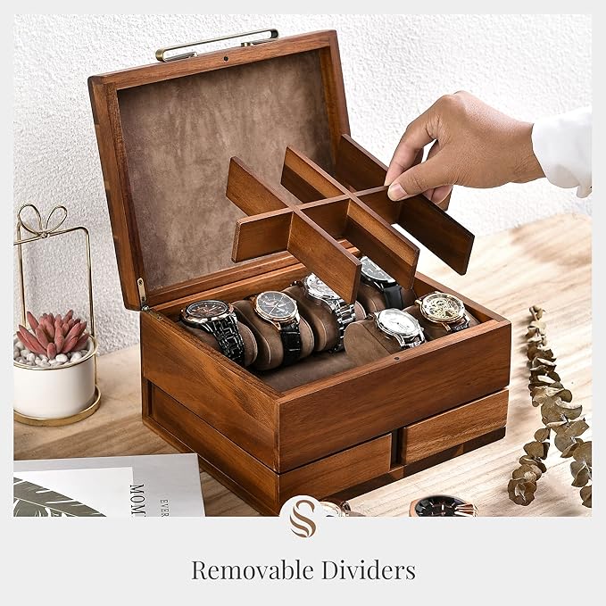 Shanik Luxury Large Watch Box Organizer for Men with 8 Divided Slots, Soft Velvet Pillows, and Pull-Out Drawers for Wallet, Cufflinks, and Accessories