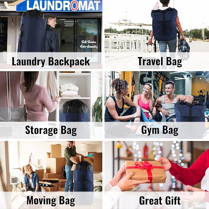 Laundry Bag Backpack, 125L Extra Large Laundry Backpack with Shoulder Straps, Adjustable Extendable Laundry Hamper Bag with 3 Pockets for College, Travel, Camping (Dark Blue)