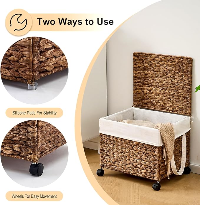 Laundry Hamper with Lid, Large Capacity Woven Natural Water Hyacinth Laundry Sorter with Removable Liners, Rolling or Non-Slip Design for Bedroom (Espresso, 60L)