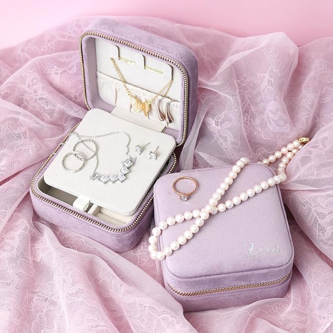 Customizable Compact Velvet Jewelry Box with Mirror, Travel Jewelry Case, Travel Jewelry Organizer, Jewelry Box for Women and Girls, Small Jewelry Organizer (Bottom Right Text, Lavender Pink)
