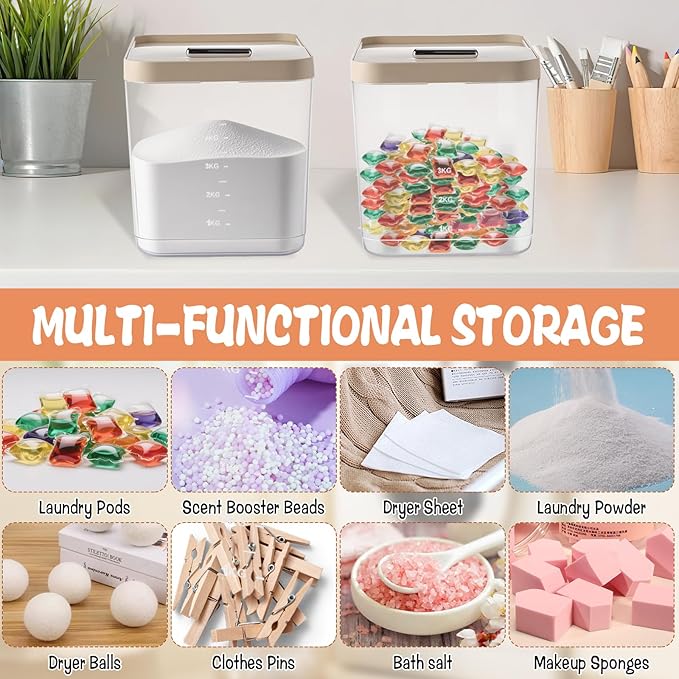 Large Laundry Pods Container with Slide Lid, Laundry Room Organization for Booster Beads with Measuring Scoops, Laundry Pods Holder for Scent Booster, Powder, Pods. (Clear 2-Pack)