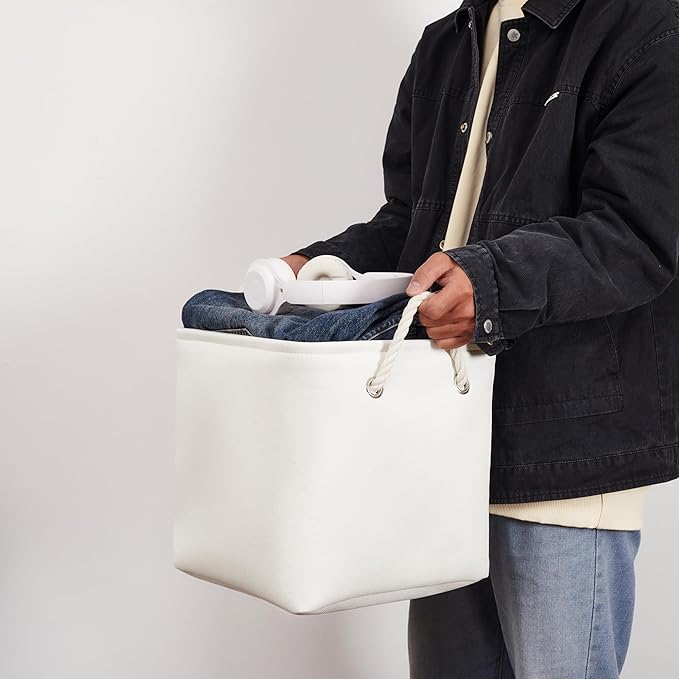 11 x 11 Inch Storage Cubes, 6 Pack Large Collapsible Fabric Storage Bin with Ropes, Foldable Storage Cubes for Home, Office,Closet, Clothes, Toys Organizer (White)