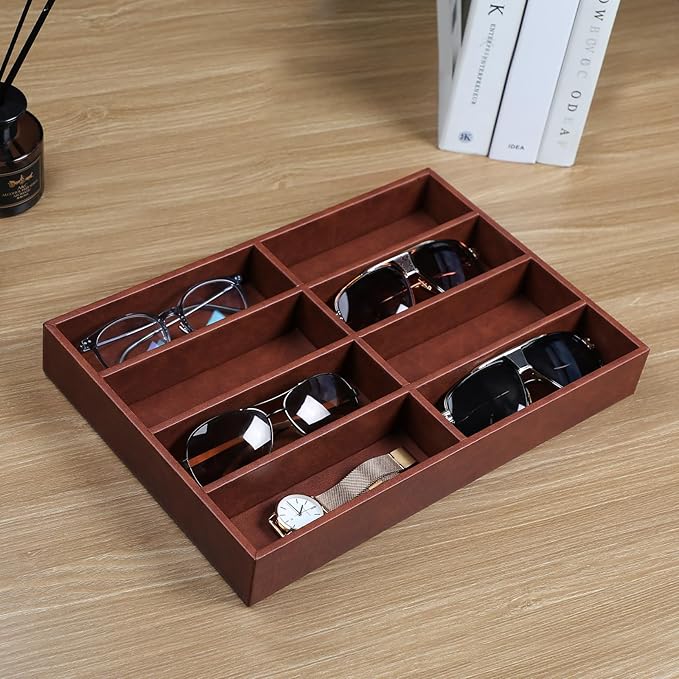 Sunglass Organizer Tray, PU Leather Sunglasses Organizer with 8 Grids for Drawer, Stackable Sunglass Holder Storage