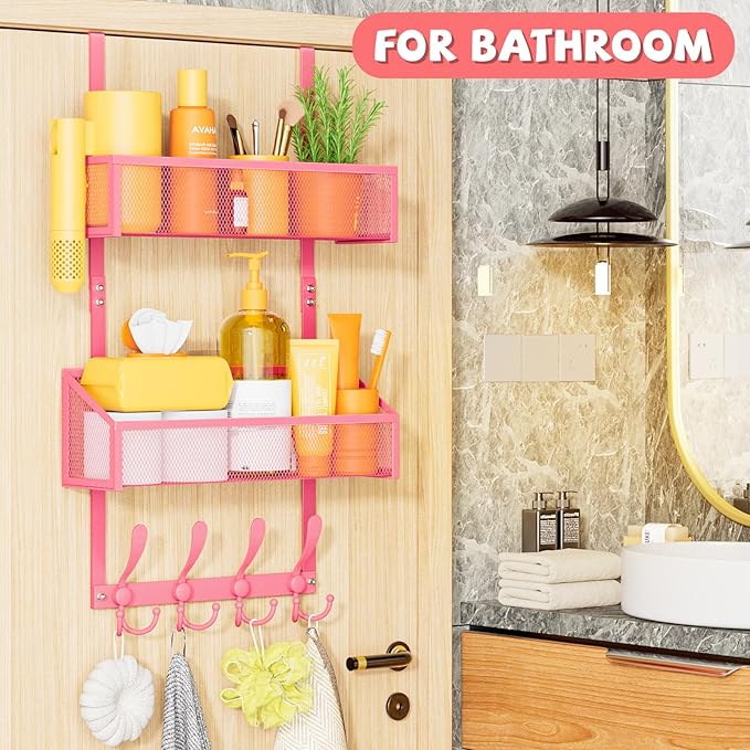 Over The Door Hooks Organizer, Coat Rack Over The Door Storage Hanger Towel Rack, Back of Door Storage Organizer for Bathroom,Bedroom,Kitchen,Office (Pink, 3-Tier)