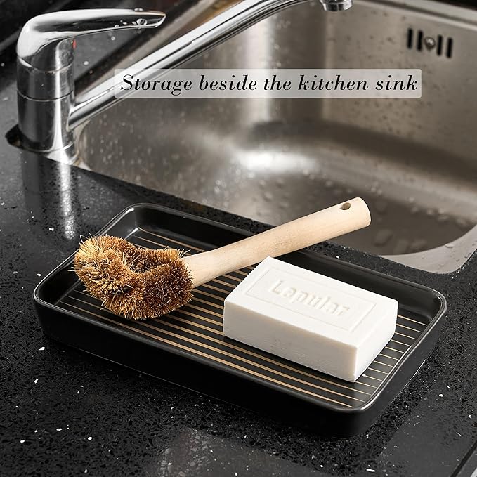 10"×6"×1" Black Bathroom Vanity Tray for Countertop- Ceramic Decorative Organizer Tray for Dresser Tops, Toilet, Perfume, Sponge Holder Soap Dish Dispenser for Kitchen Counter- Golden Stripes