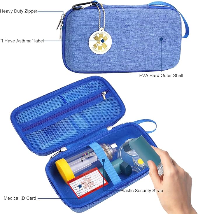 MGZNMTY Travel Carrying Case Compatible with Asthma Inhaler Spacer for Adults and Children, Masks, Inhaler Holder with Asthma Alert Tag and Medical Card, Carabiner (Only Case) (Blue)