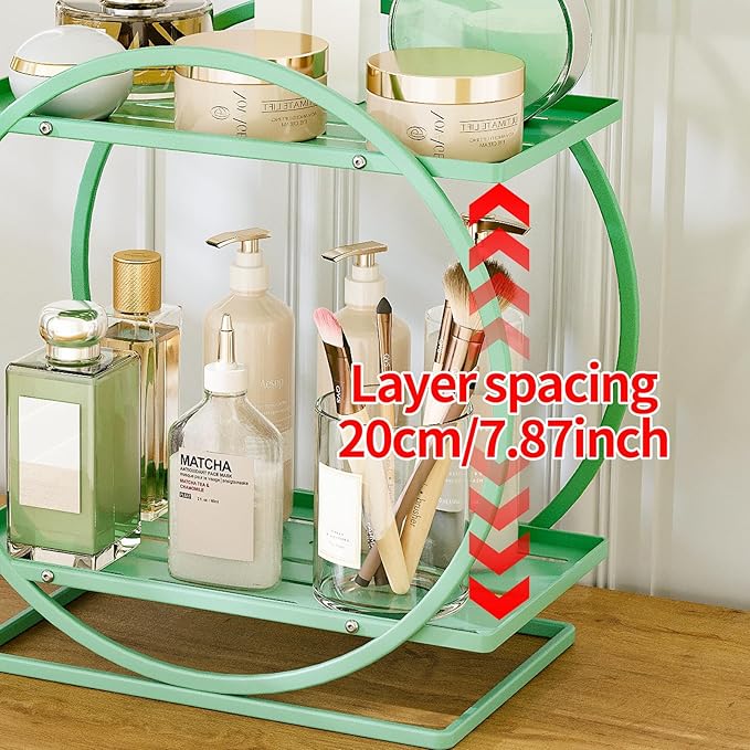 Green Perfume Organizer for Dresser, 2-Tier Bathroom Counter Organizers, Elegant Round Makeup Organizer for Vanity, Versatile Bathroom Tray Countertop Shelf, Compact Skincare Storage