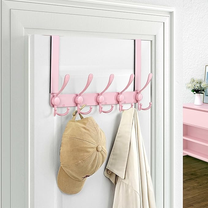 Dseap Over The Door Hook Hanger - Fits 1 3/8" to 1 3/4" Standard Doors | 5 Tri Hooks Heavy Duty Towel/Coat Rack | Door Organizer for Clothes, Jackets, Hats, Towels, Pink