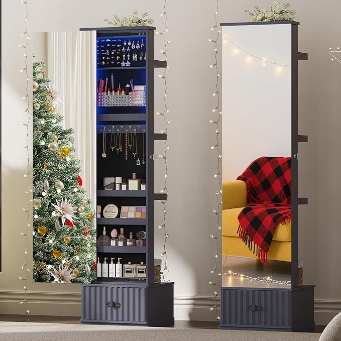 HNEBC Mirror Full Length with Stand, Jewelry Organizers and 4 Storage Racks, Jewelry Cabinet with Drawes,Ring-Necklace-Earring Holder, Jewelry Armoire with Lights for Bedroom/Cloakroom (Grey)