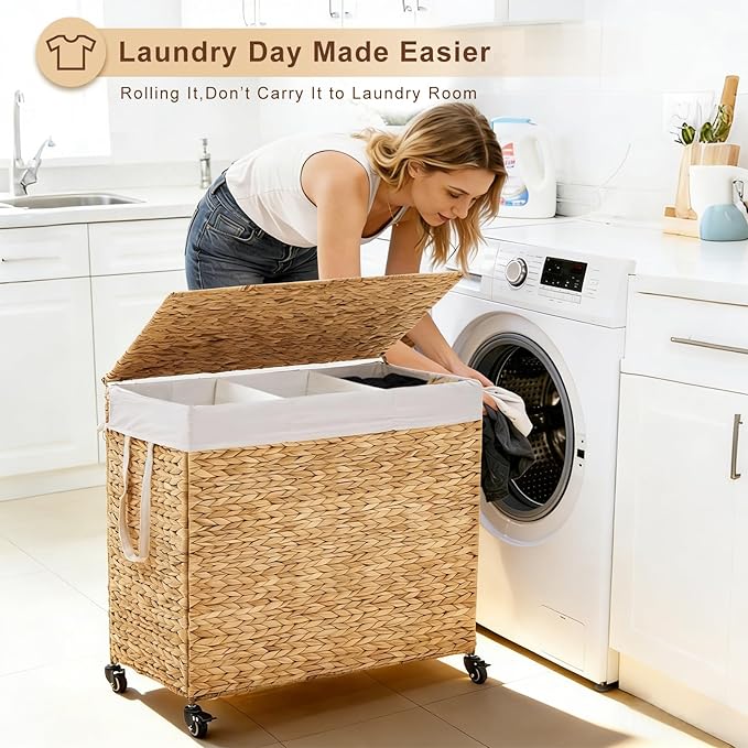 3-Section Laundry Hamper with Lid, Large Capacity Woven Natural Water Hyacinth Laundry Sorter with Removable Liners, Rolling or Non-Slip Design for Bedroom (Natural, 3-Section)