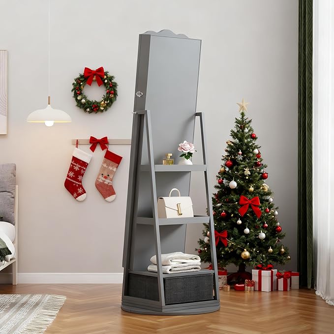 HNEBC 360° Rotating Jewelry Cabinet with Lights, Standing Jewelry Armoire with Mirror, Full Length Mirror with Jewelry Storage, Lockable Lagre Jewelry Organizer Stand for Bedroom, Cloakroom (Grey)