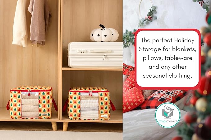 Canvas Storage Bags 2 Pack Designer Clothes Organizer bags for sweaters, clothing, garments, quilt, linens, large folding organizers with zip & window, moth proof space saver - Christmas tree print