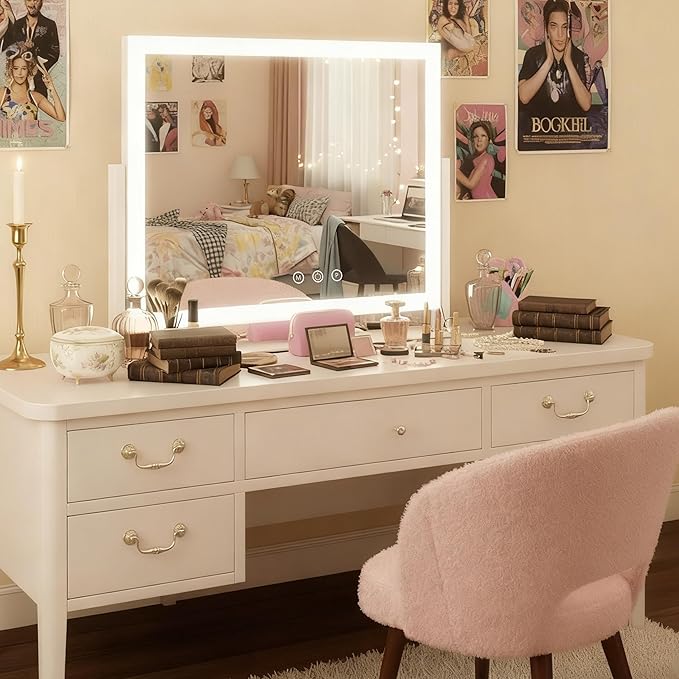 HNV 16.3" Lighted Makeup Mirror with Sleek LED Strip, 360° Rotation Vanity Mirror with Lights, 3 Color Dimmable, 10X Magnification, Smart Touch Control (White)