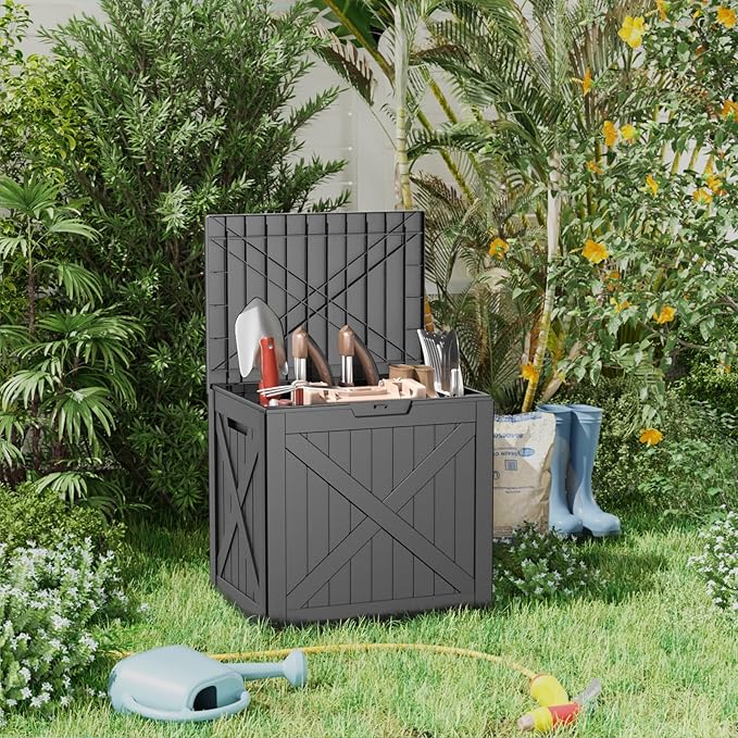 Vixzen 32 Gallon Waterproof Resin Deck Box, UV Resistant Outdoor Storage for Garden, Patio, Porch, Delivery(Black,32 Gallon)